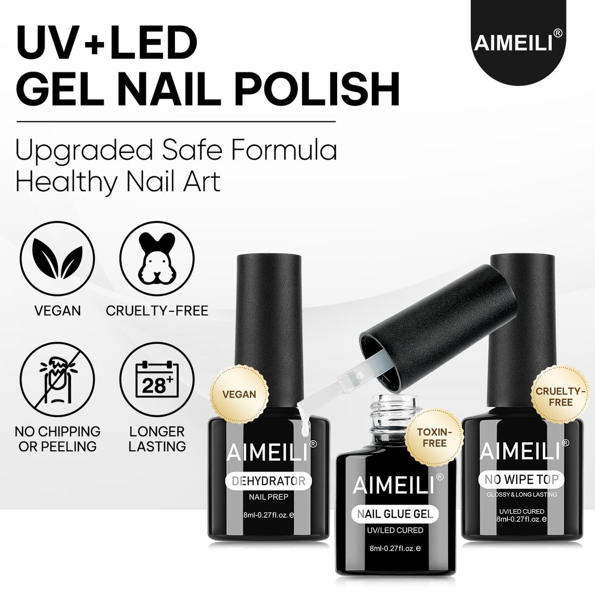 AIMEILI Nail Glue Gel with Top Coat and Prep Dehydrator 3 PCS, Hema Free, Cruelty Free, Vegan, Clear High Gloss Gel Nail Polish Long Lasting Nail Art