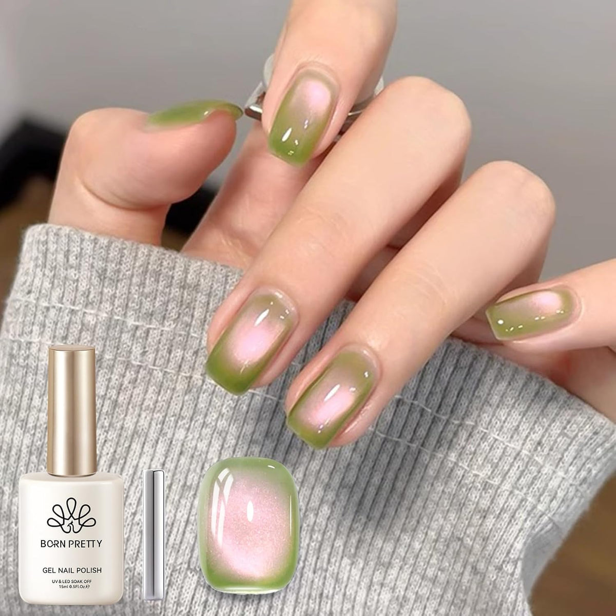 BORN PRETTY Cat Magnetic Eye Gel Nail Polish,Sweet Guava Green Pink Magnetic Gel Polish Manicure Nail Art DIY 15ml