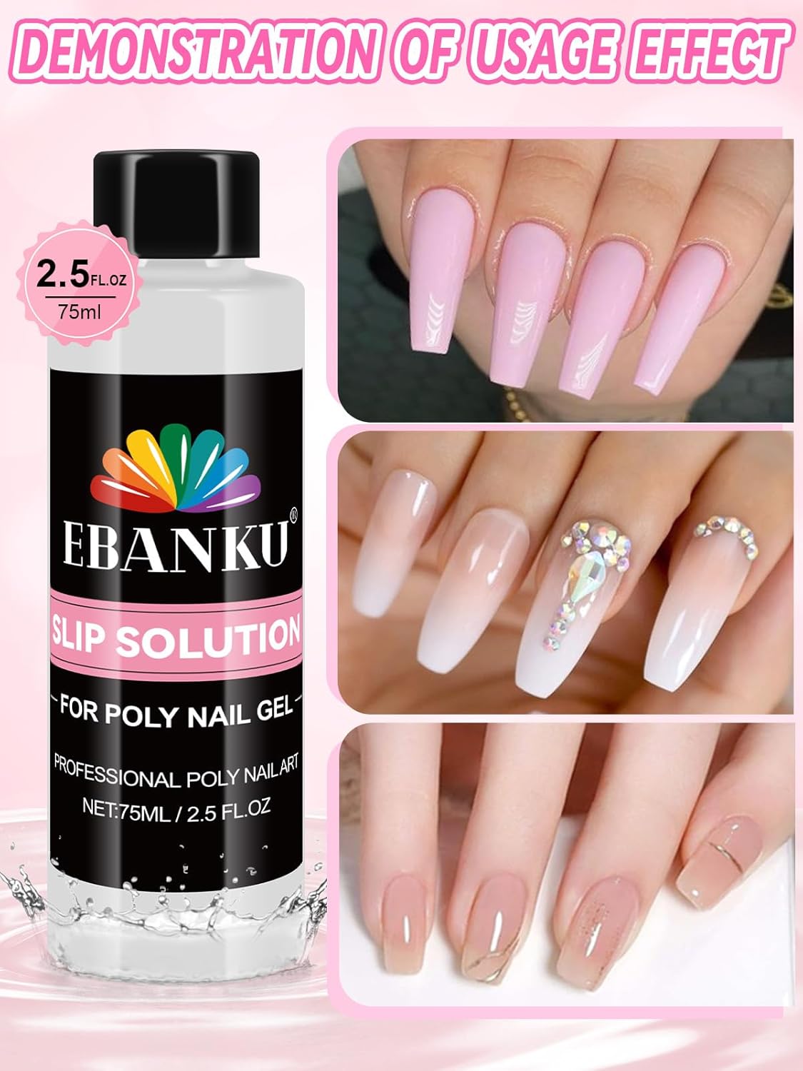 EBANKU Poly Gel Slip Solution for Nails - Anti-Stick Slip Solution for Builder Gel Nails, Brush Clean Liquid with Dual-Ended Nail Brush, 3PCS Nail Clips for Beginners & Home Salon, 2.5oz