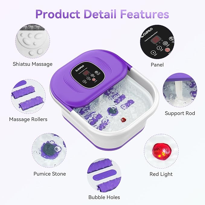 Foot Spa Bath Massager with Heat, Collapsible Foot Massager Spa Soaking Tub with Bubbles, Red Light, Pumice Stone, Shiatsu Massage Rollers, Pedicure Foot Spa for Relaxation, Gifts(Purple)
