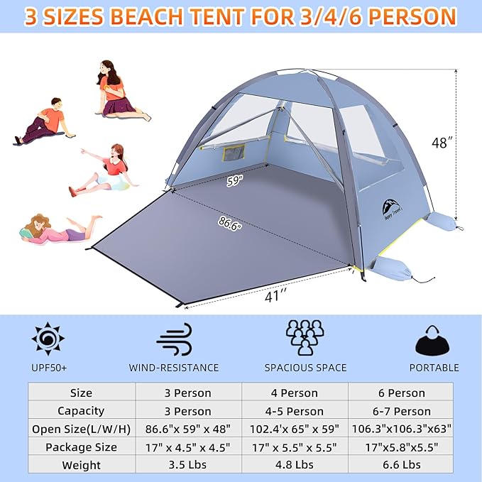 Happy Travel Beach Tent Sun Shelter for 3/4/5/6/7/8 Person, Portable UPF 50+ UV Protection Beach Shade Canopy for Family & Baby, Lightweight & Easy Setup Beach Cabana with 3 Ventilation Mesh Windows