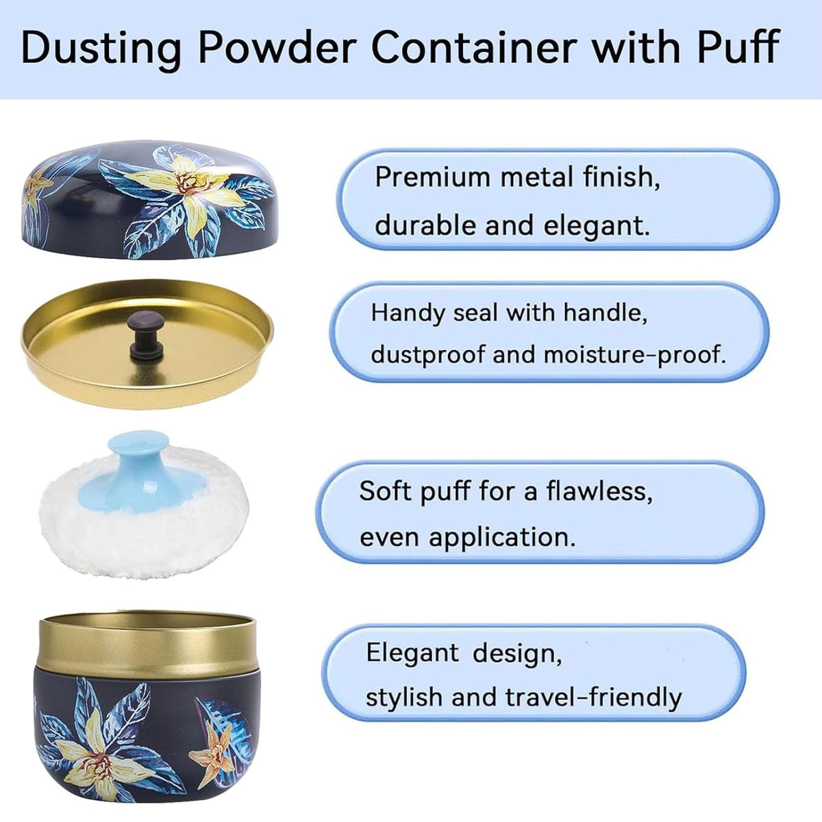 Body Powder Puff and Container, 3.35" Portable Dusting Powder Container with Soft Puff Loose Powder Case Box Jar with Lids for Baby Women Home and Travel Use