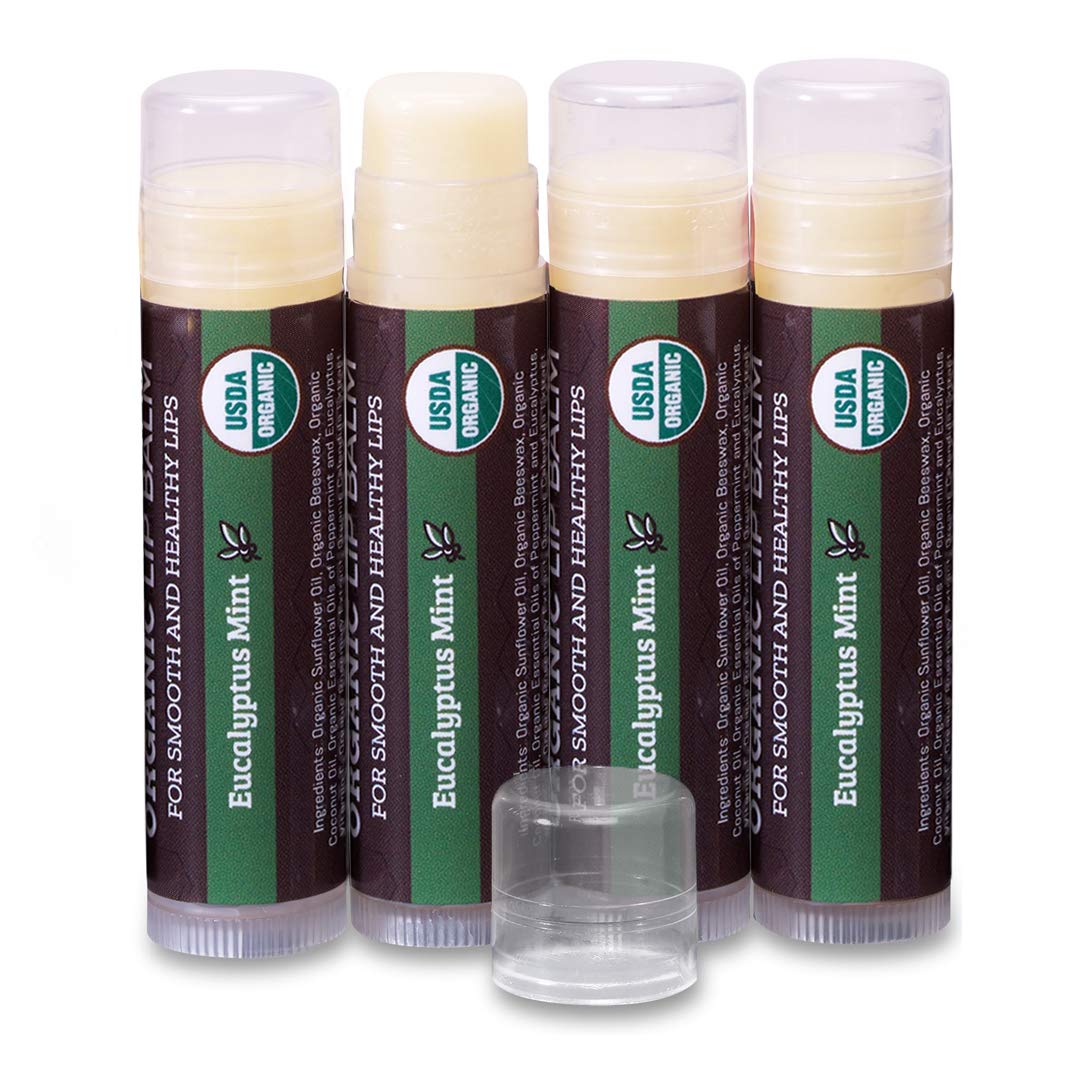 Earth's Daughter USDA Organic Lip Balm 4-Pack Eucalyptus Mint Flavor - Beeswax, Coconut Oil, Vitamin E - Best Lip Repair Chapstick for Dry Cracked Lips.