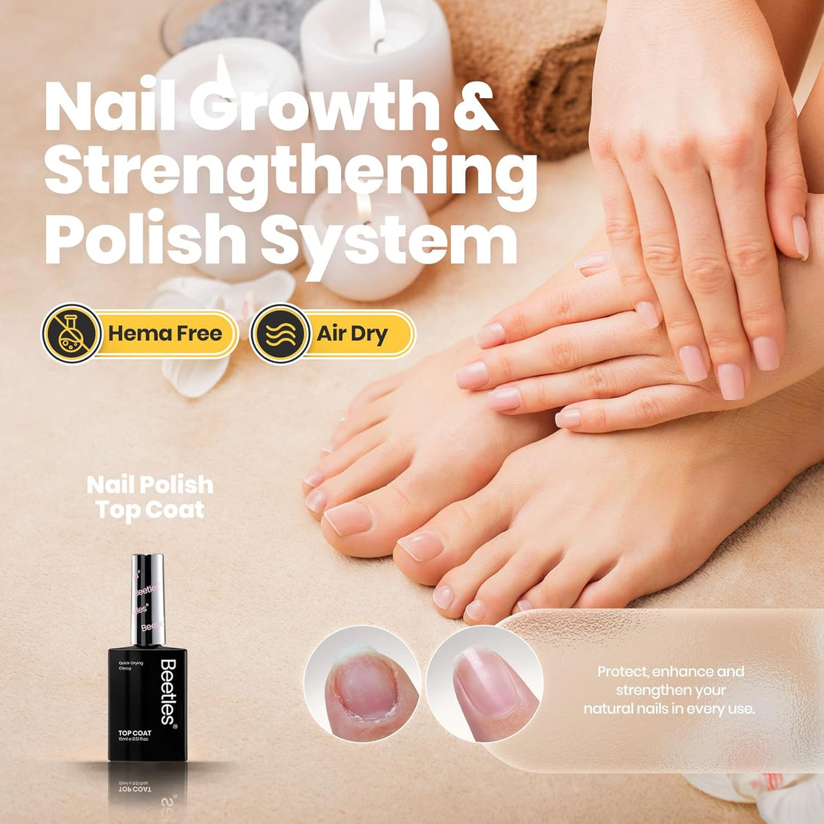 Beetles 2 in 1 Base & Top Coat Nail Polish, Clear Nail Polish Fast Drying & Natural Nail Strengthen, Glossy Effect for Nail DIY Salon at Home Gifts for Women