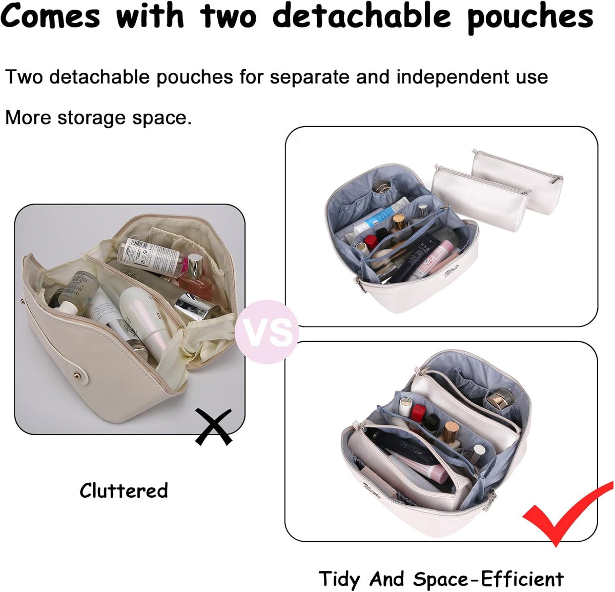 BOYATU Travel Makeup Bags for Women: Vegan Leather Cosmetic Bag Set of 3 - Large Capacity Make up Bag with Divider - Wide Open Waterproof Toiletry Organizer Bag with Handle (05-Off-White)