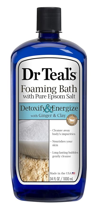 Dr Teal's Epsom Salt Detoxify and Energize Your Skin with Ginger and Clay Foaming Bath - 34 Oz - Moisturize Your Skin, Relieve Stress and Sore Muscles, Long Lasting Bubbles