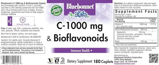 Bluebonnet Nutrition C-1000 mg Plus Bioflavonoids Caplets, Vitamin C 1000 mg, Citrus Bioflavonoids 500 mg, for Immune Health, Soy Free, Gluten Free, Non-GMO, Kosher, Dairy Free, Vegan, 180 Caplets