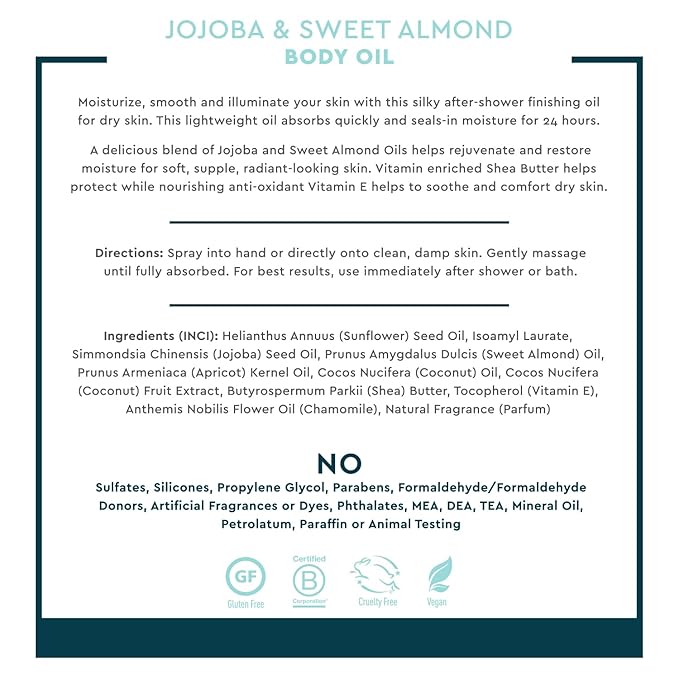 Desert Essence, Jojoba & Sweet Almond Body Oil Spray, 8.28 fl. oz. - Gluten-Free, Vegan, Cruelty Free - 24hour Moisture, Soothes Skin, Perfect for Sensitive Skin, Illuminating Body Spray