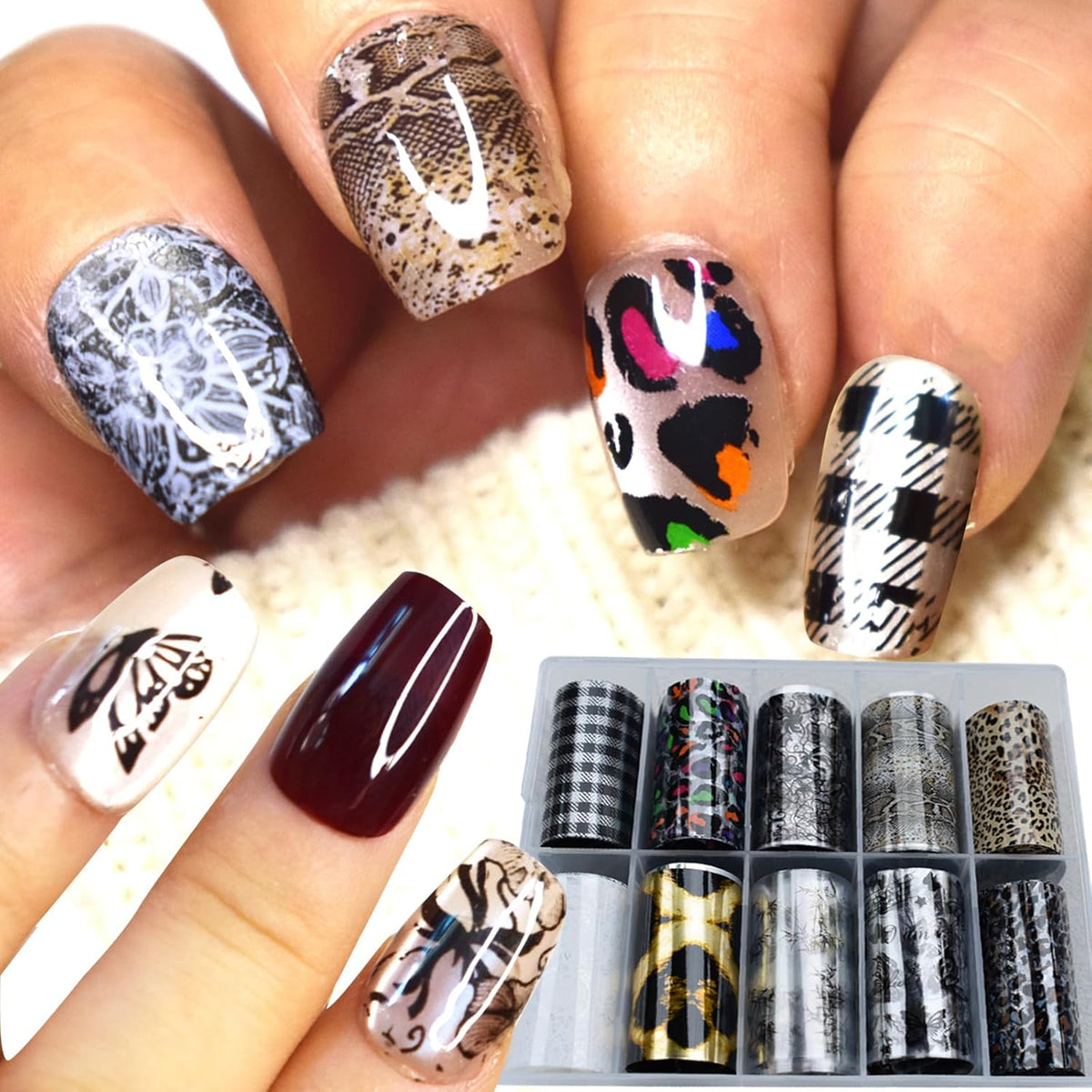 Nail Art Transfer Foils Set, 10 Designs, Animal Print and White and Black Flower Patterns,Holographic Stickers for DIY Acrylic Nails Manicure Decoration 39.37 x 1.57 inches (10)