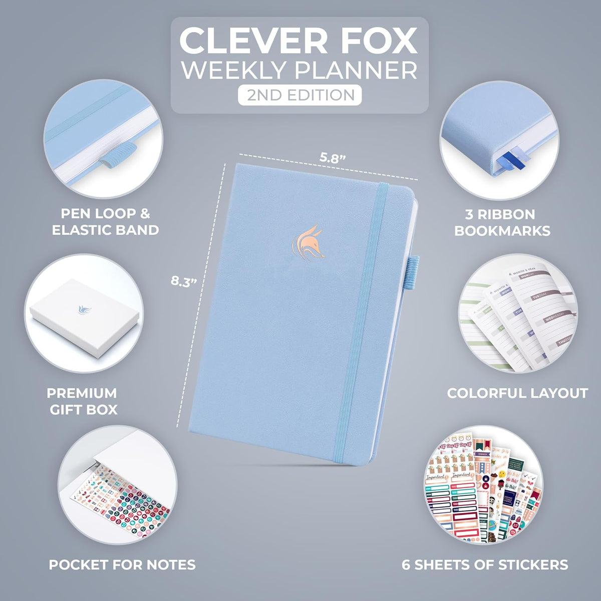 Clever Fox Planner 2nd Edition – Colorful Weekly & Monthly Goal Planner, Time Management & Productivity Organizer, Undated, A5 (Periwinkle)