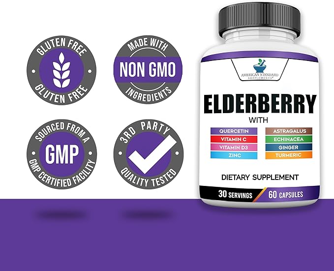 American Standard Supplements Elderberry Extract with Quercetin, Vitamin C, D3, Ginger, Zinc, Turmeric & Echinacea – Immune Support Supplement – – 60 Capsules