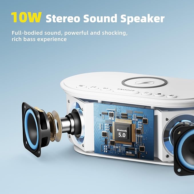 Sound Machine Alarm Clock Wireless Charger: Bluetooth 10W Stereo Sound Speaker Bedroom - White Noise Machine for Sleeping with 21 Soothing Sounds