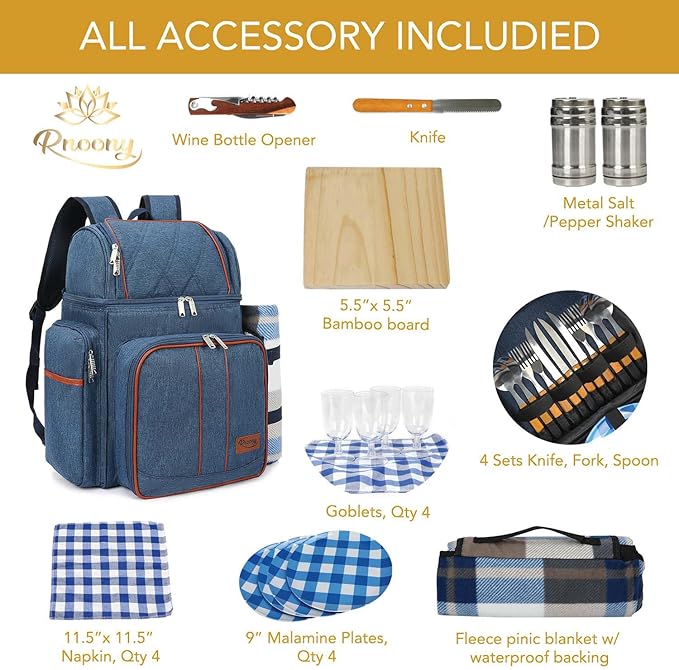 Rnoony Picnic Backpack for Camping, Picnic Basket for with Insulated Cooler Bag and Bottle Pouch,Camping Gifts for Couples with Lightweight Blanket and Cutlery Set for Family, Couple and Hiking