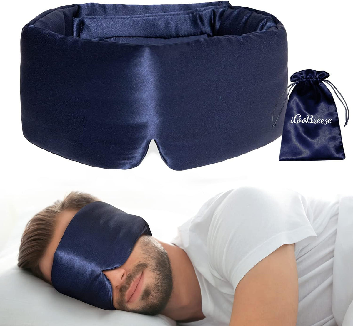 100% Natural Silk Eye Mask for Women Men, Soft Pressureless Cooling Blackout Eye Covers for Sleeping, Large Size Sleep Mask fits All Heads Adjustable, 1PC, Navy Blue