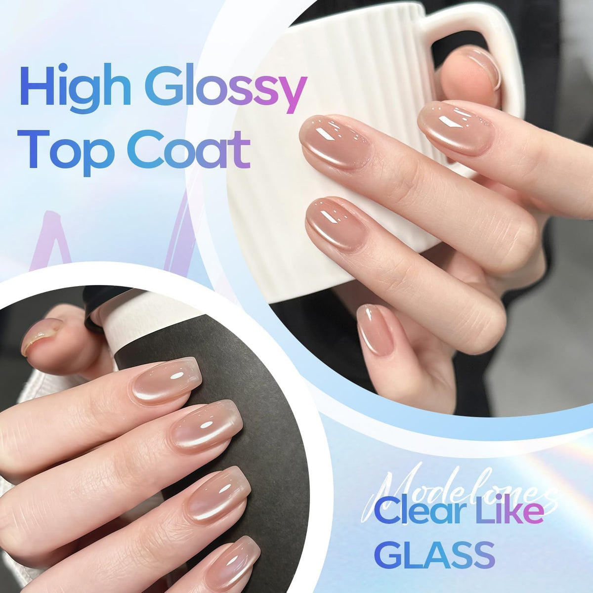 modelones Gel Top Coat, 15ml No Wipe Gel Nail Polish High Gloss Top Coat Shiny Long Lasting Clear Top for Acrylic Nails, Need U V/LED Lamp for Home DIY Gift and Summer Nail Salon