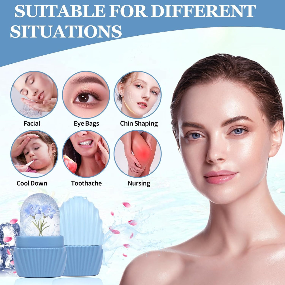 Ice Cube Roller for Face,Eyes and Neck,Reusable Silicone Ice Mold Mermaid Shell Shape for Shrink Pores Anti Wrinkle and Skin Beauty Care,Reduce Migraine Pain,Gua Sha Face Massage Tools (Blue)