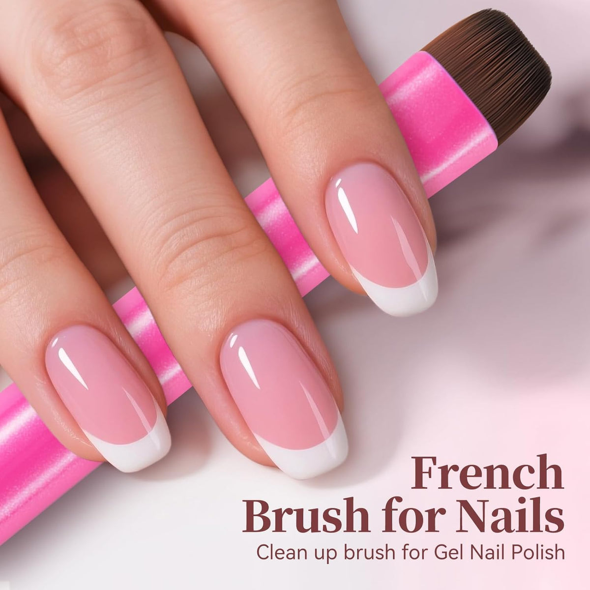Nail Brush for French Tip, Nail Cleaning Brush for Gel & Acrylic - Professional Kolinsky Sable French Manicure Brush, Thin Nail Art Brush for Precise Clean Up & Polygel Application (Pink, F14)