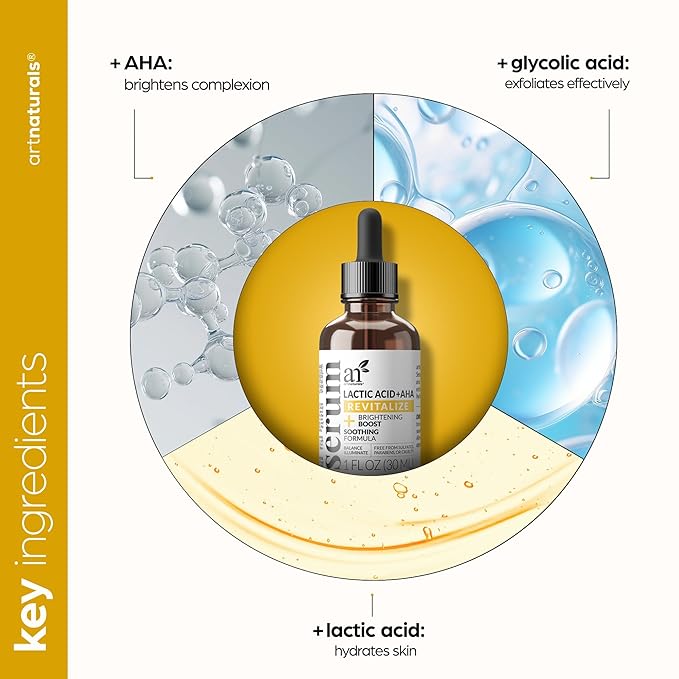 artnaturals Lactic Acid plus AHA Face Serum for Brightening Boost with Renewing Formula - Scars, Acne, Wrinkles - Exfoliates and Moisturizes the Skin - 1 oz.