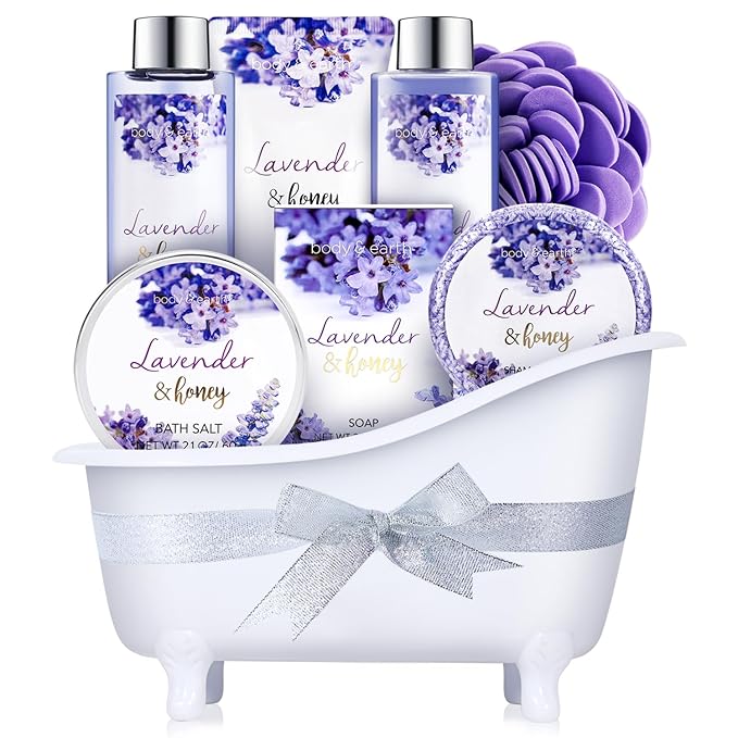 Bath and Body Gift Set - Lavender Gifts for Women, Body & Earth Bath & Shower Sets, 8 Pcs Lavender Honey Gift Sets with Bubble Bath, Lotion Set, Soap, Spa Kit for Women, Christmas Gifts for Mom