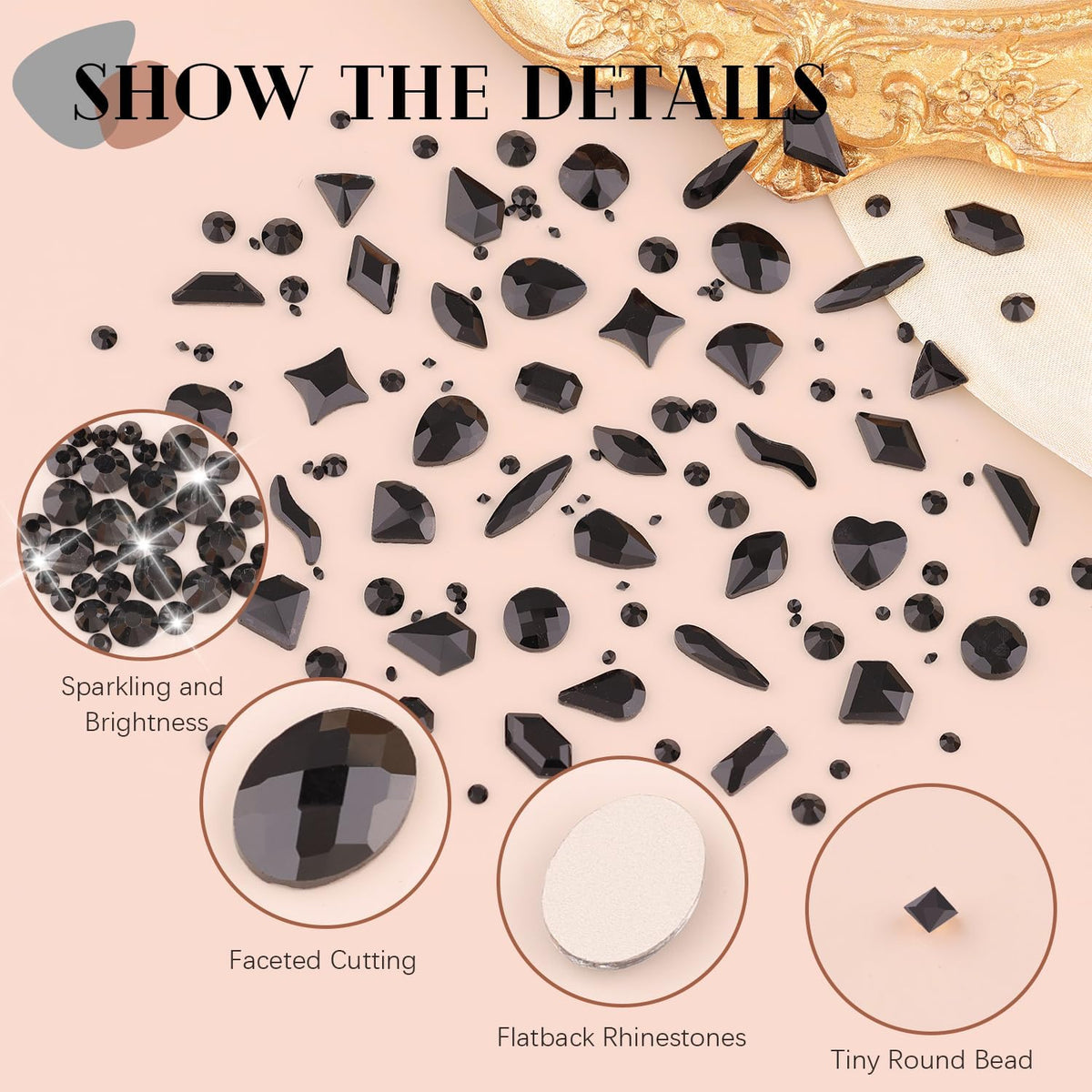 2750Pcs Black Glass Nail Rhinestones 240Pcs Multi Shapes Flatback Nail Gems + 2510Pcs 1.5-4mm Round Crystal, Manicure Nail Charms Diamond Gemstones for Acrylic Nails Decoration