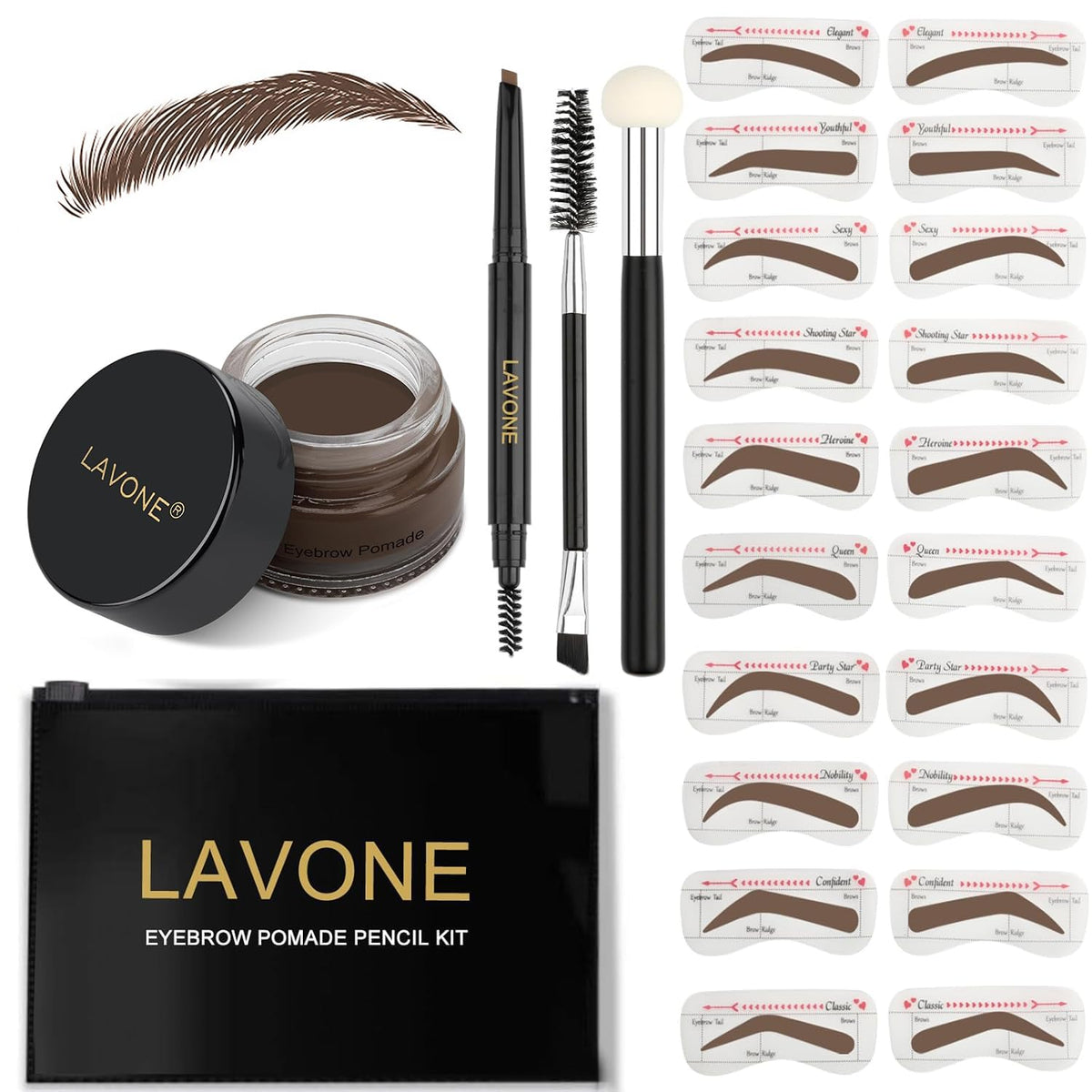 LAVONE Eyebrow Stamp Stencil Kit - Brow Stamp Trio Kit with Waterproof Eyebrow Pencil, Pomade, 20 Stencils, Dual-ended Brush and Sponge Applicator - Dark Brunette