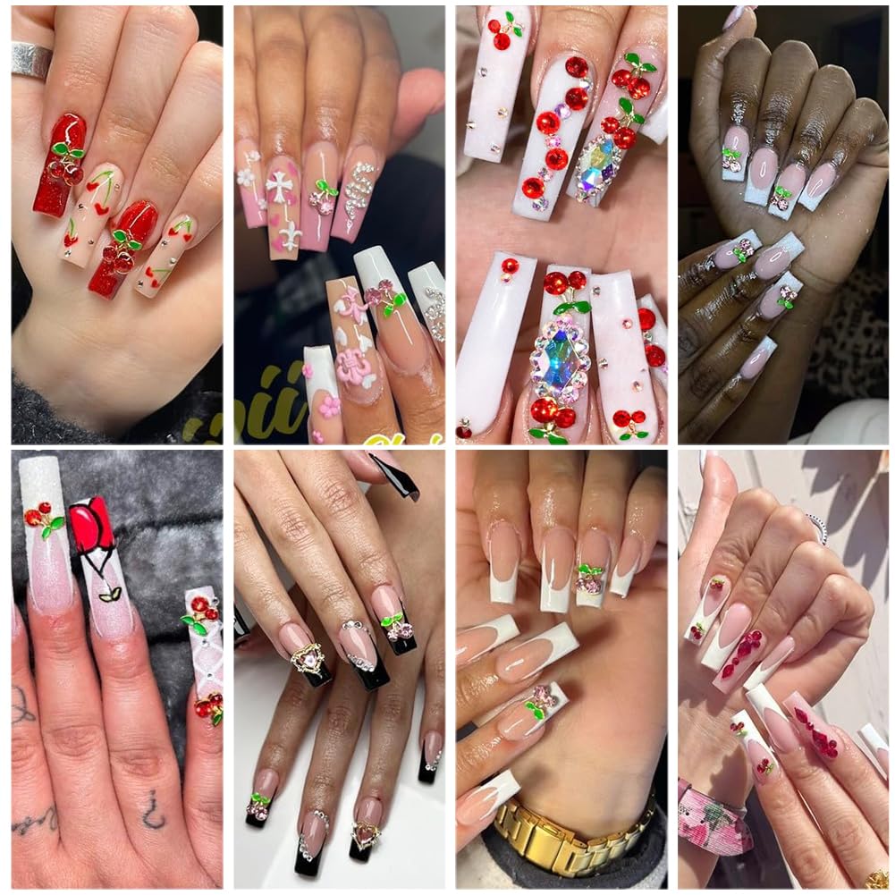 60Pcs Nail Charms Rhinestone Red Pink Cherry Nail Art Gems Star Heart Planet Nail Jewelry Decorations Saturn Shape Acrylic Nail Accessories for Women Girl DIY Crafts Supplies