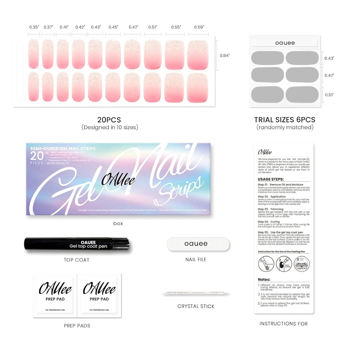 Semi Cured Gel Nail Strips | Built-In Gel Top Coat | UV Light Required | Salon Quality, Easy Application And Removal (Pink Shimmer Ombre)