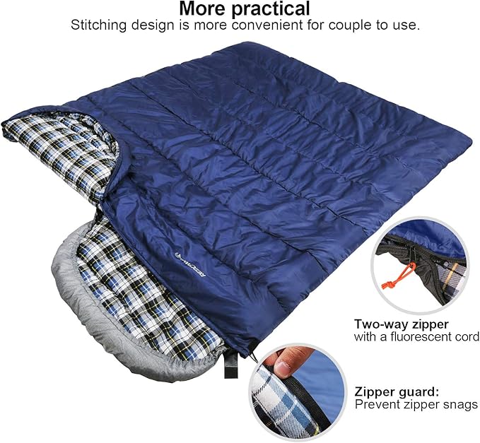 REDCAMP Flannel Sleeping Bag for Adults, Comfortable Cotton Sleeping Bags for Camping with Detachable Hood, Red/Grey/Blue