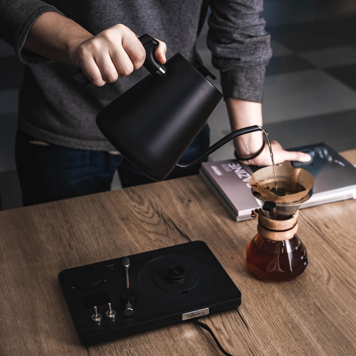 Lafeeca DJ Electric Gooseneck Kettle - Pour Over Coffee & Tea - Turntable Design - Water Boiler - Quick Heating & Temperature Control - Black