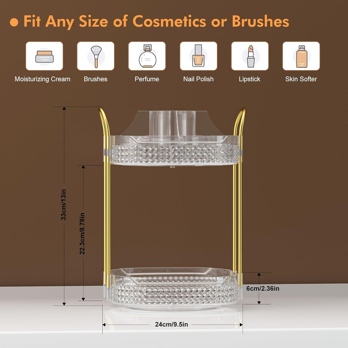 Awenia Rotating Makeup Organizer 360, Stackable Adjustable Large Capacity Cosmetic Storage Unit,Dresser Bathroom Kitchen Countertop Organizer with Metal Handle, Plus Size (Clear, 2 Tier)