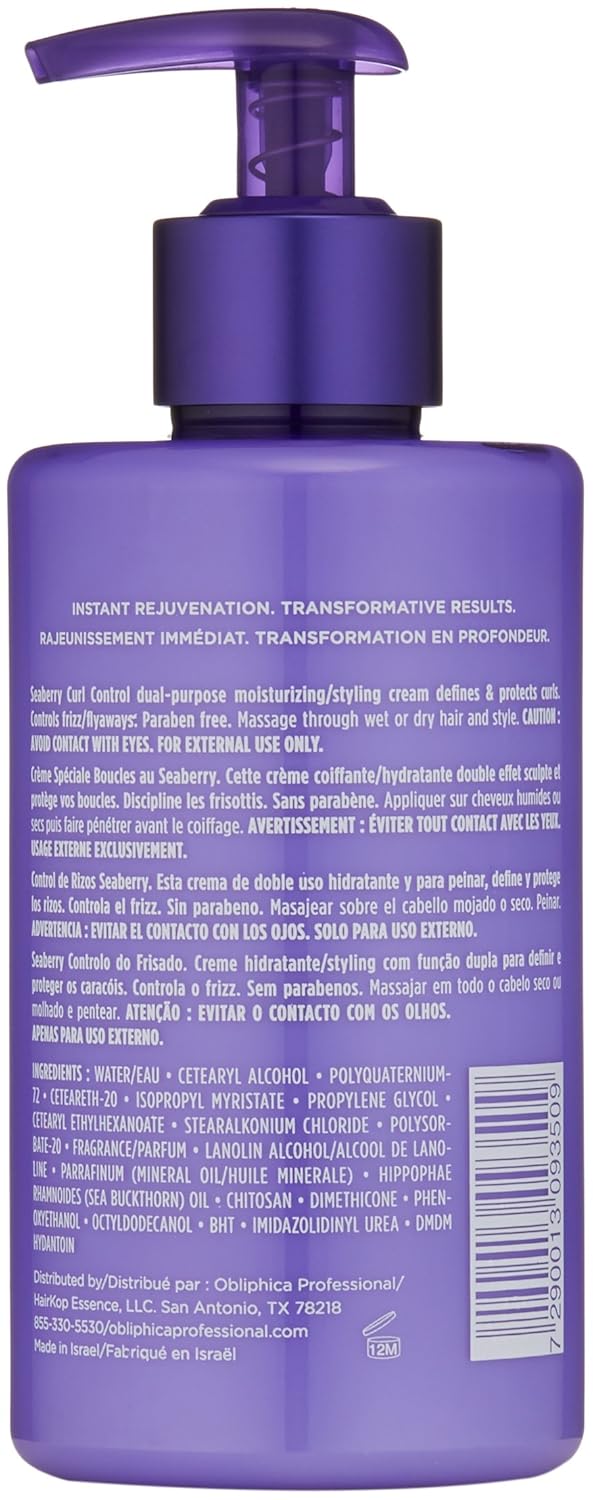 Obliphica Seaberry Curl Control Cream - Anti-Frizz, Curl-Defining and Enhancing Hydrating Styler for Women, Men, Wavy and Coarse Hair - 10 Fl Oz