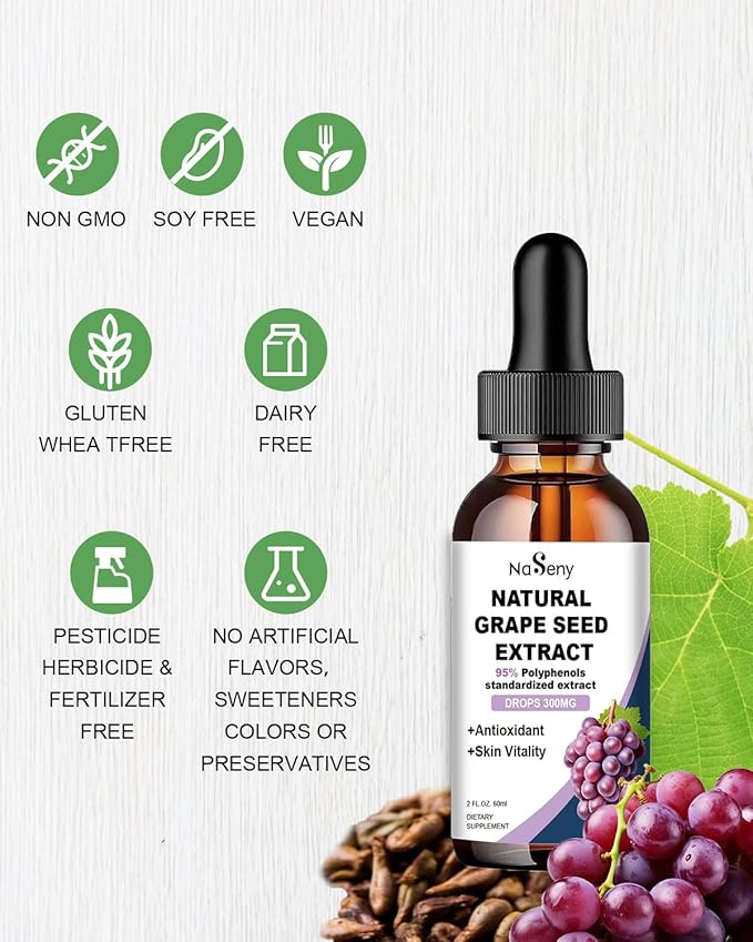 Natural Grape Seed Extract Drops-300 mg Grape Seed Extract Liquid Supplement - Maximum Strength Vitis Vinifera Seed Tincture, Standardized to 95% Polyphenols, Non-GMO, Gluten Free (60ml)