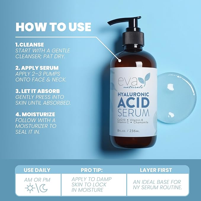 Eva Naturals Anti-Aging Hyaluronic Acid Serum For Face - Professional & Potent Hydrating Anti-Wrinkle Formula For Fine Line & Uneven Skin Tone - Contains Vitamin C, B, & E, Paraben Free (8 Oz)