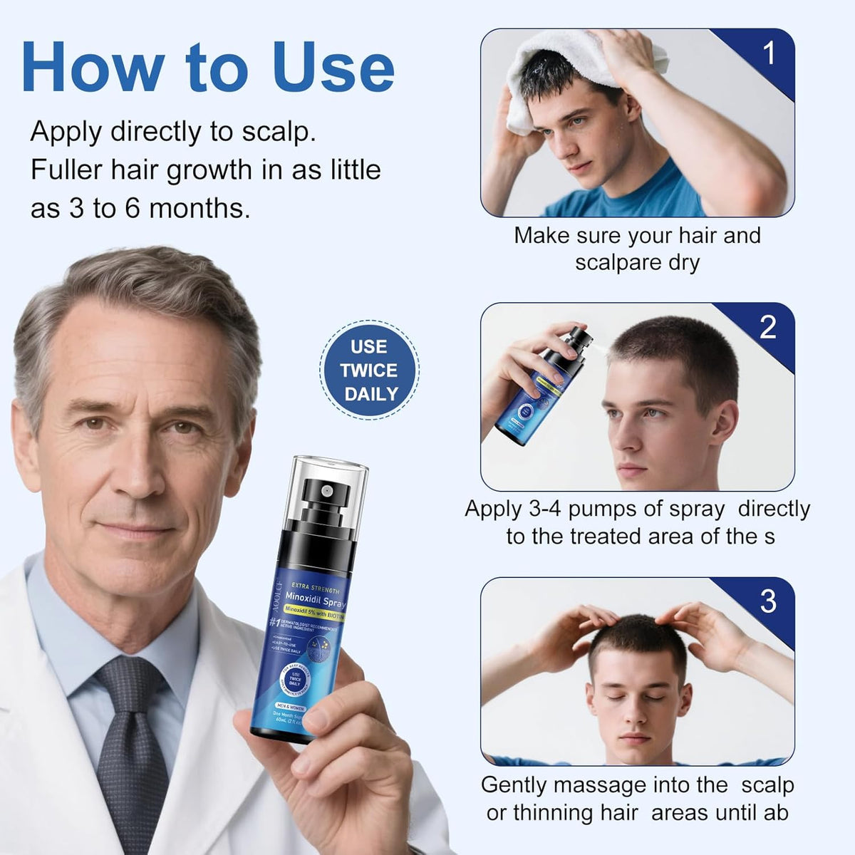5% Minoxidil Spray for Men and Women, Infused with Biotin, for Hair Regrowth Treatment, Beard Growth, Extra Strength Treatment to Combat Hair Loss and Thinning, 6 Month Supply, 6 Bottles