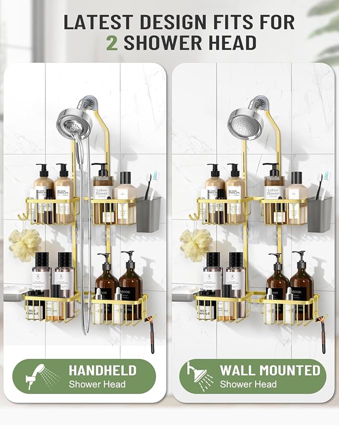 Adjustable Shower Caddy Hanging for Handheld Showerheads - Never Rust Shower Hanging Organizer, Upgraded Bathroom Shower Rack with Soap Basket, Hooks and Toothbrush Holder (Gold)