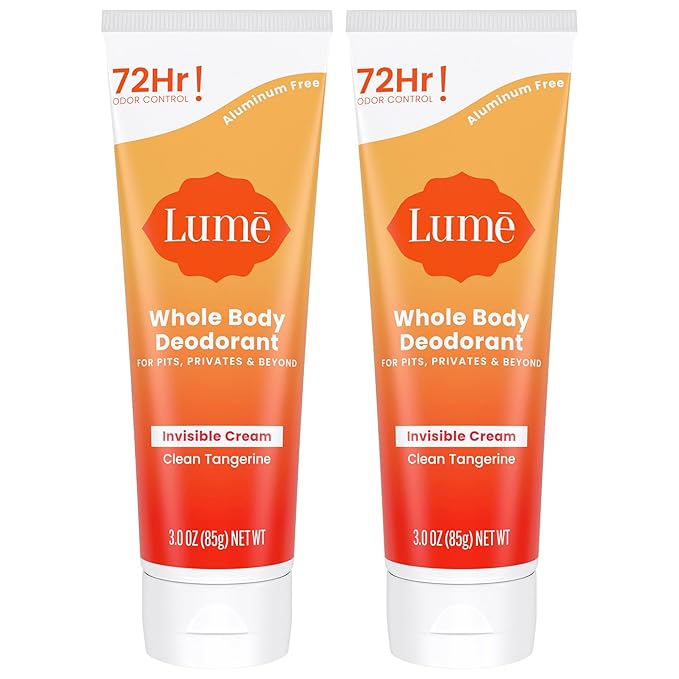 Lume Whole Body Deodorant - Invisible Cream Tube - 72 Hour Odor Control - Aluminum Free, Baking Soda Free, Skin Safe - 3.0 ounce (Pack of 2) (Clean Tangerine)