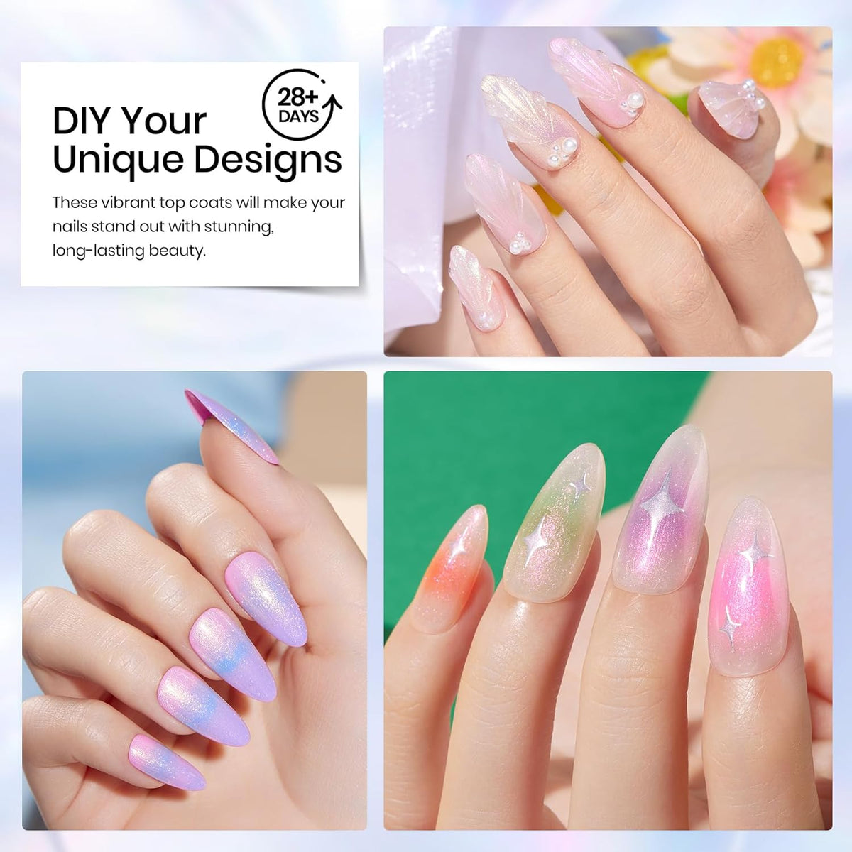 Beetles Pearl Glitter Top Coat Set, 5 Colors Iridescent Pastel Shimmer Mermaid Glossy Top Coat Gel Polish Shiny Long-Lasting No Wipe Soak Off UV LED Nail Art Gifts for Women