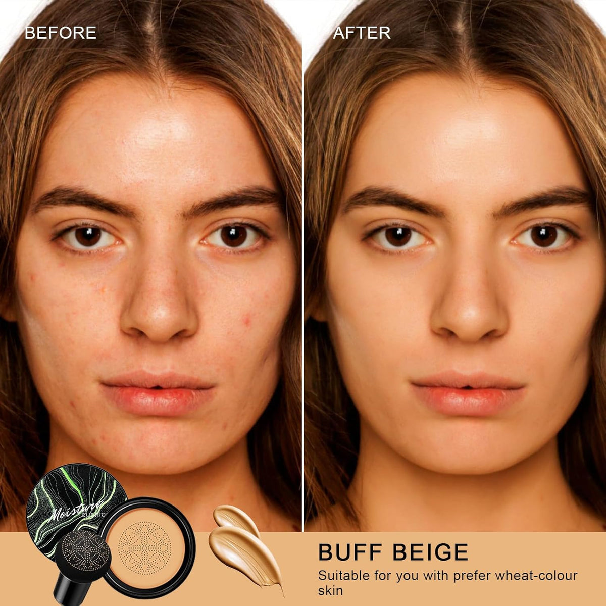 Mushroom Head Air Cushion CC Cream - BB Cream Face Makeup for Mature Skin, Moisturizing Cover Balm Foundation & Long-Lasting Color Correcting Concealer, Even Skin Tone for All Skin Types (Buff Beige)