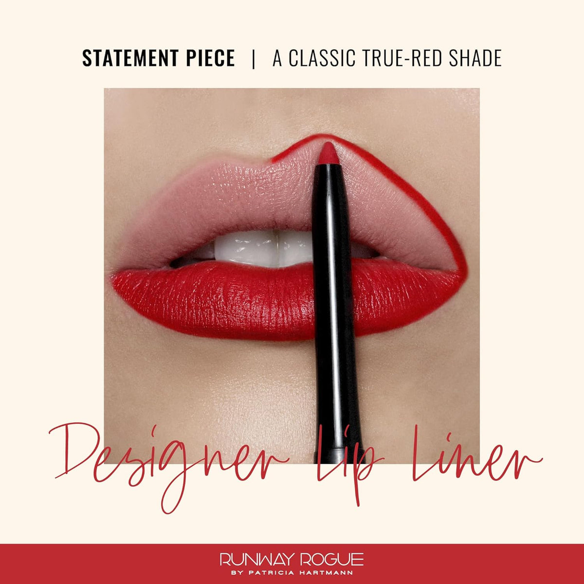 Runway Rogue Designer Liner Lip Pencil, Matte Classic True-Red Lip Liner Pencil and Lip Liner Sharpener, ‘Statement Piece’