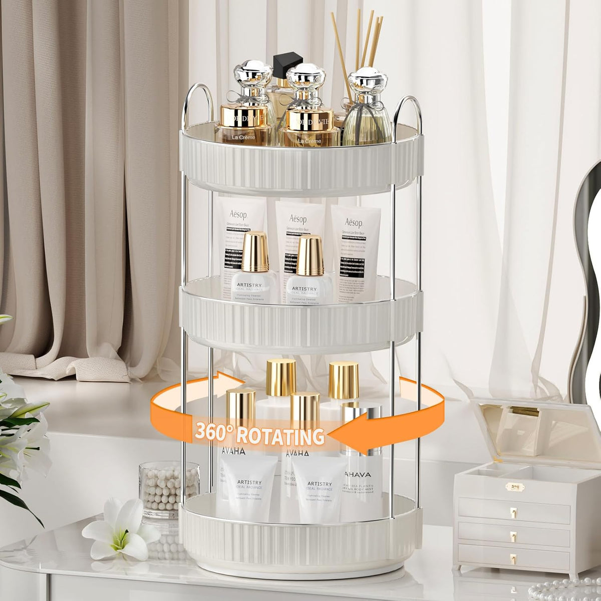 Rotating Makeup Organizer for Vanity,3 Tier High-Capacity Skincare Clear Make Up Storage Perfume Organizers Cosmetic Dresser Organizer Countertop 360 Spinning