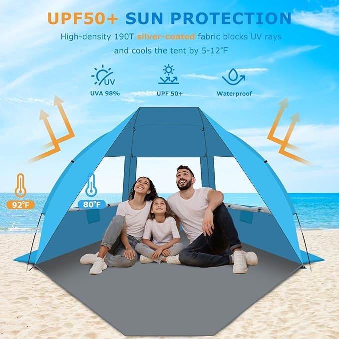 Gorich Portable Beach Tent for 3-7 Person with UPF 50+ UV Protection, Lightweight & Foldable Sun Shelter with 5 Sand Bags, Easy Setup Windproof Beach Umbrella Sun Shade