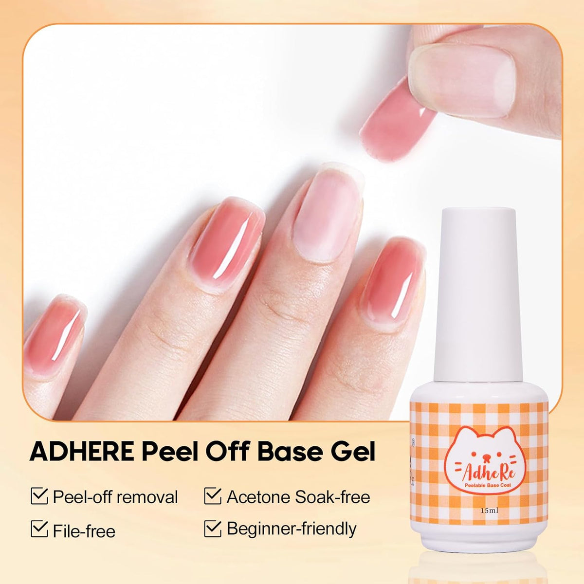ADHERE Peel Off Gel Base Coat - UV LED Light Peelable Base Gel Polish, 15ml, No Filing Soaking-off for Easy Nail Removal, Perfect for Beginners & DIY Home Use