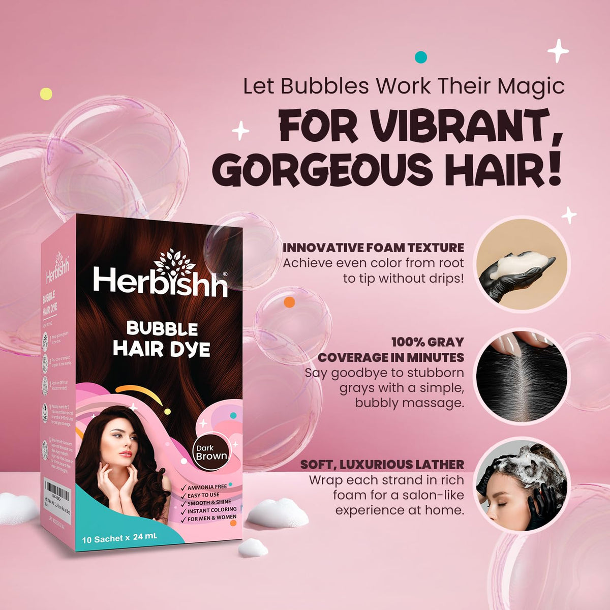 Herbishh Bubble Foam Hair Dye Shampoo, 3 in 1 Dye for 100% Grey Coverage, Permanent Hair Coloring for Men & Women, Long-lasting & Travel-friendly, Ammonia-free, 10 Sachet x 24 ml (Dark Brown)
