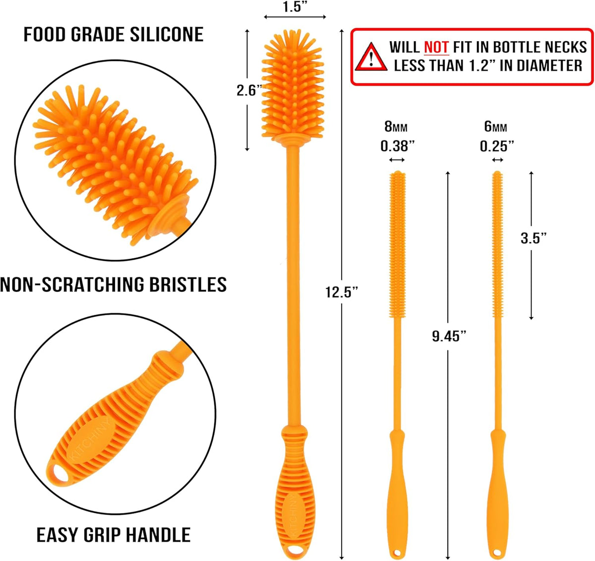 12.5" Silicone Bottle Brush & Straw Cleaner Brush Set | Water Bottle Cleaner for Hydro Flasks, Tumblers, Glassware, Vases and Narrow Neck Containers