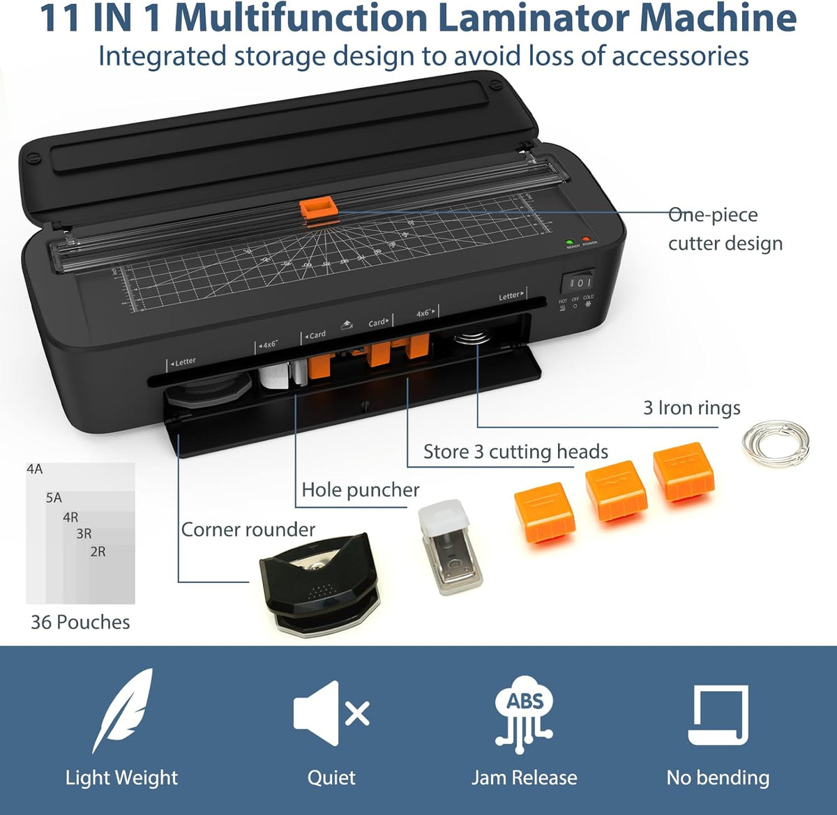 Laminator Machine, 11 in 1 Laminating Never Jam Technology with 36 Laminating Sheets, 9 Inch Thermal Laminator A4 Laminating Machine Hot & Cold Mode for Home Office School Black