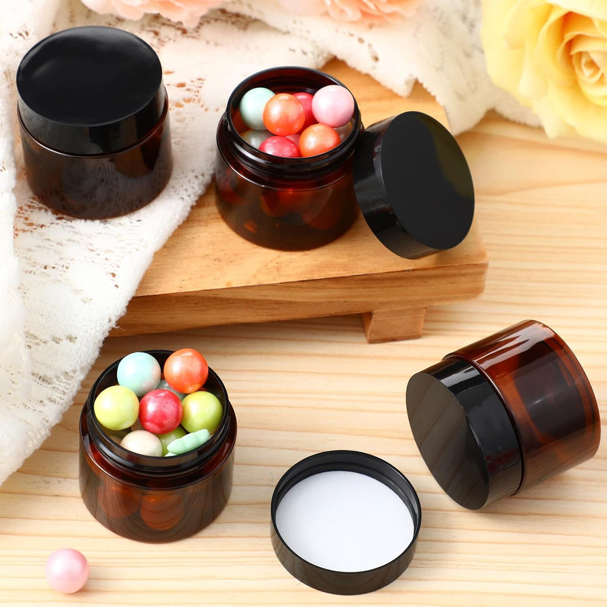 Patelai 4 Pieces Round Wide-mouth Leak Proof Plastic Container Jars with Lids for Travel Storage Makeup Beauty Products Face Creams Oils Salves Ointments DIY Making(2 Ounce,Amber)