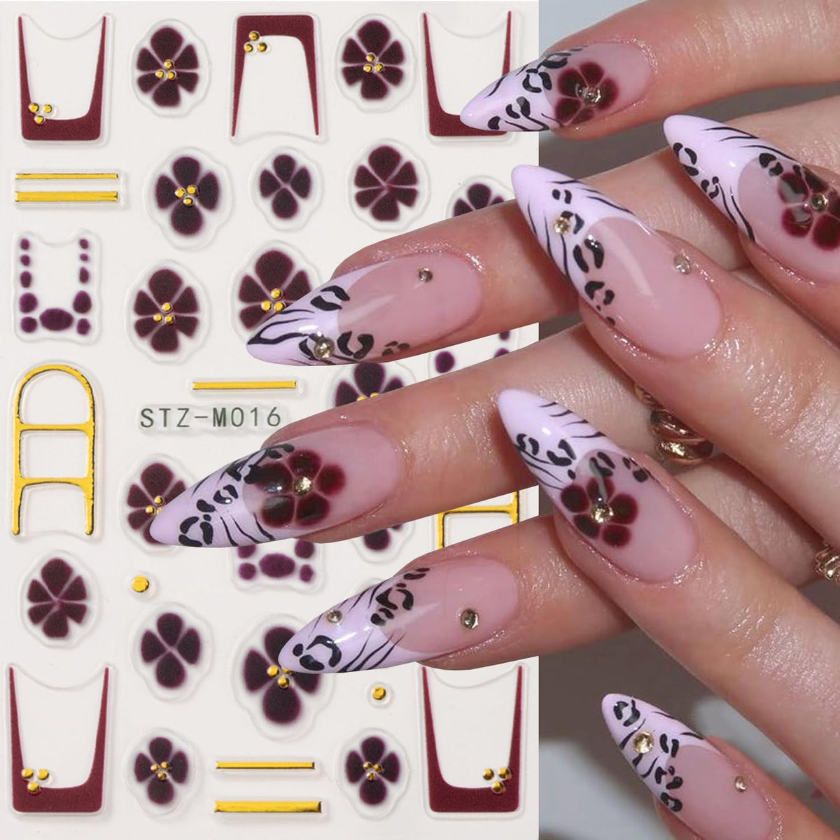 4Pcs Flower Nail Stickers for Nail Art - French Nail Art Stickers Autumn Winter Wine Red Brown Blue Floral Leopard Print Pattern 3D Self-Adhesive Nails Sliders Flowers Sticker for Nails Decoration