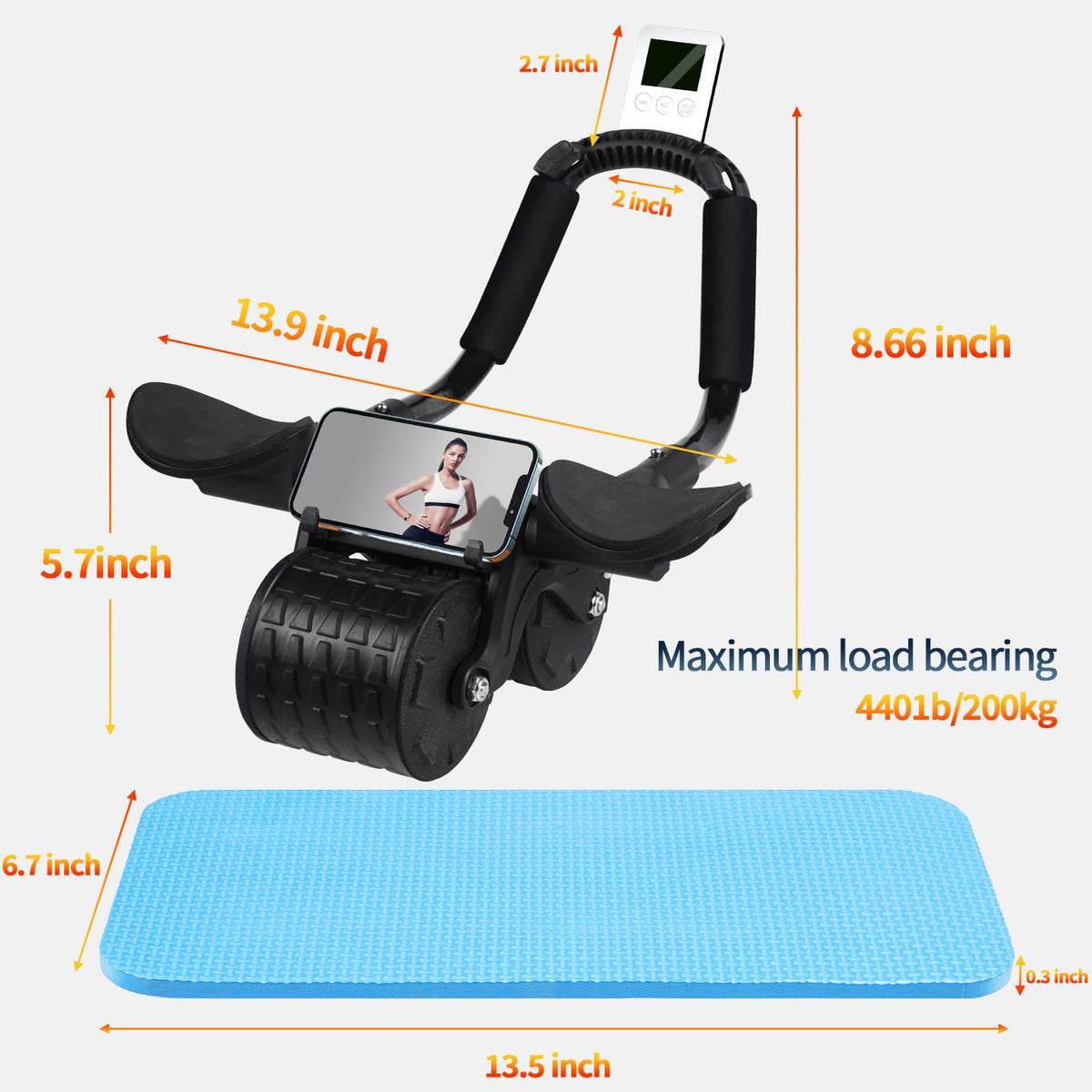 Tixahi Ab Roller Wheel，with Timer Automatic Rebound Abdominal Wheel，Elbow Support Abs Roller Wheel Core Exercise Equipment (Black)