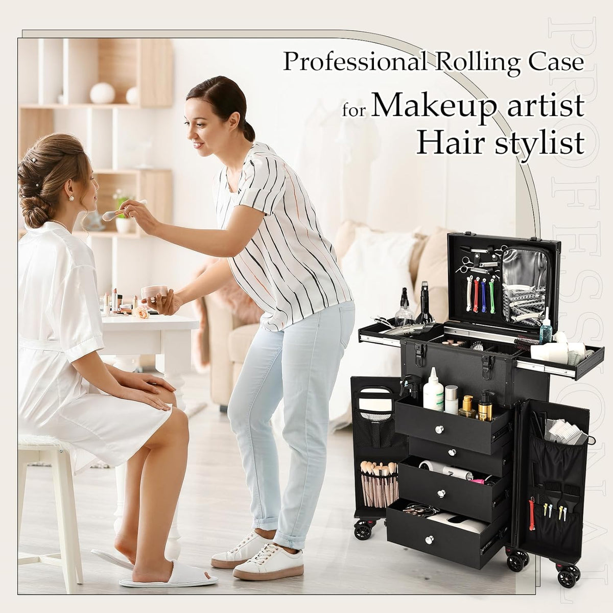 Joligrace Professional Rolling Makeup Case 4 Drawers Pro Makeup Artist Cosmetic Train Case Hairstylist Travel Case Portable Make Up Station with Multiple Compartments Extra Large - Black