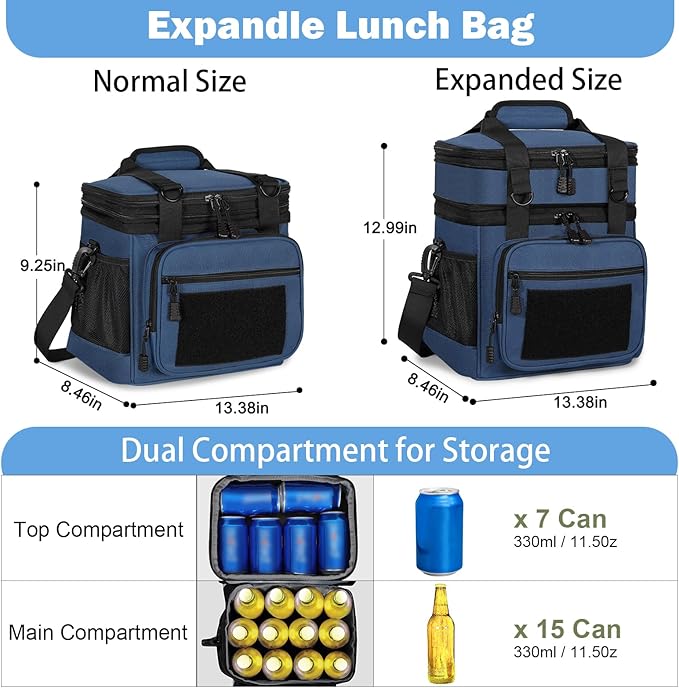 GLENKEY Double Deck Insulated Lunch Box, Expandable Xlarge Lunch Bag Leakproof Cooler Bag Lunch Pail for Men Women Adults Work Shifts Travel Daytrip,22L,Blue
